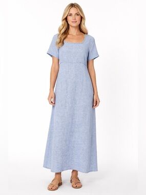 Vintage 90s 100% Linen Maxi Dress Size 14 Cottage Coastal Beach Match USA